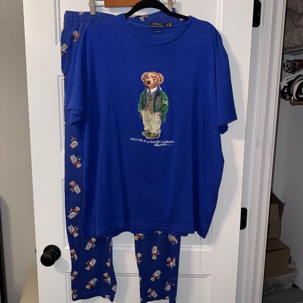 Polo Bear By Ralph Lauren University Letterman Blue T Shirt pajama Bottom Set XL